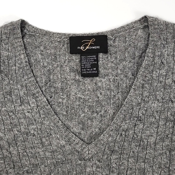 Pure Cashmere Women's Cable Knit Grey 100% Cashmere V-Neck Pullover Sweater Sz S - Picture 7 of 11